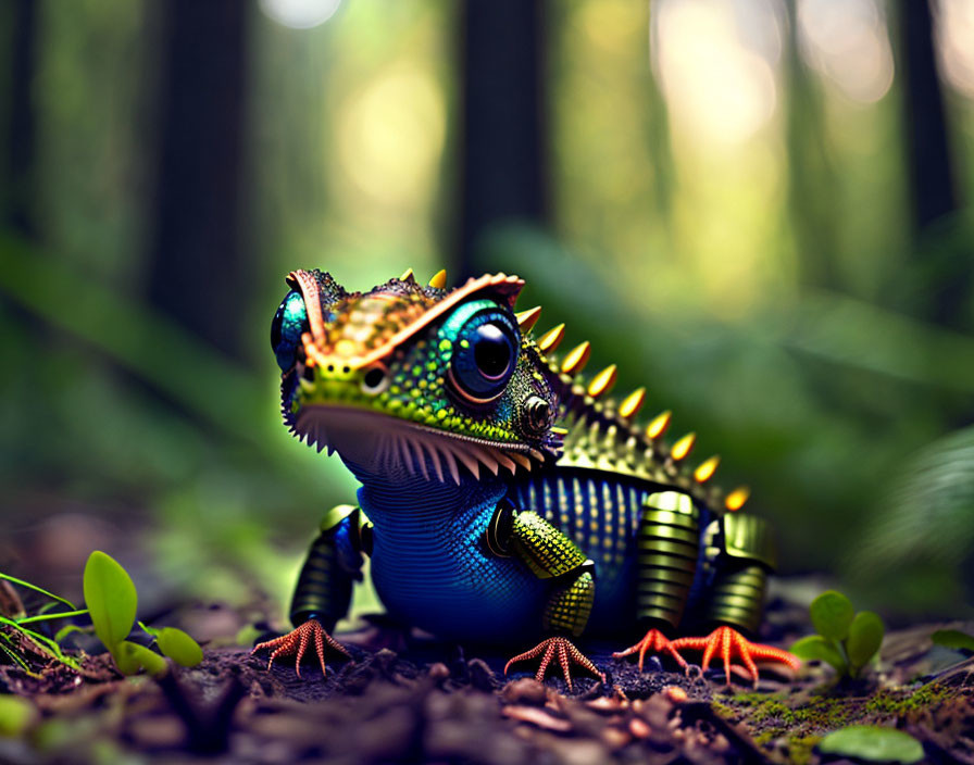 Vibrant Blue Toy Lizard with Orange Feet in Green Forest