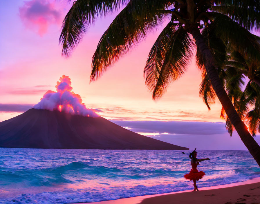 Silhouetted figure dancing on beach at sunset with erupting volcano in background