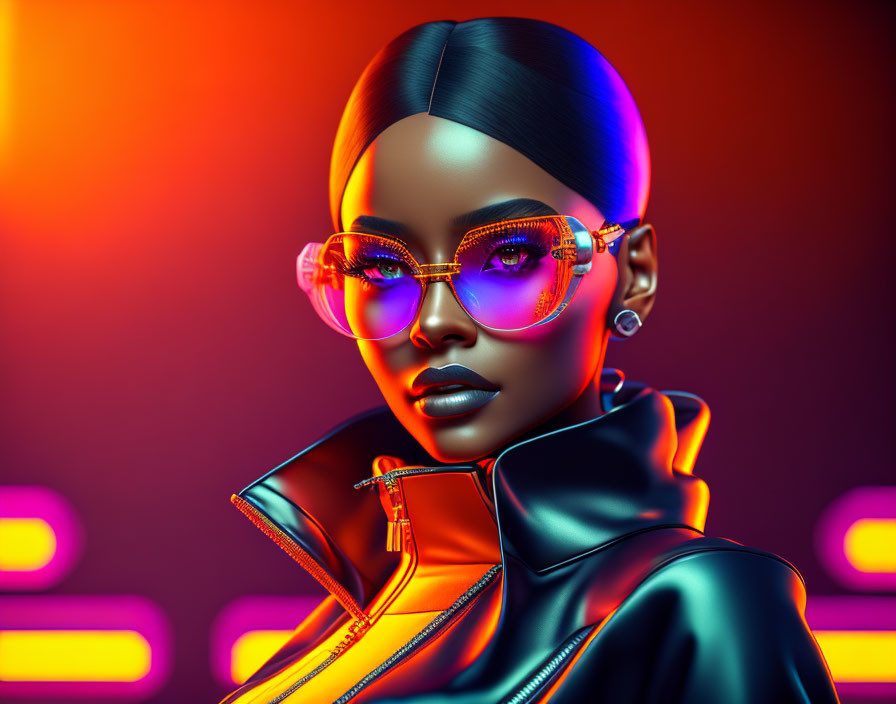 Digital Art: Woman with Sleek Hair, Vibrant Sunglasses, Shiny Jacket in Neon Background