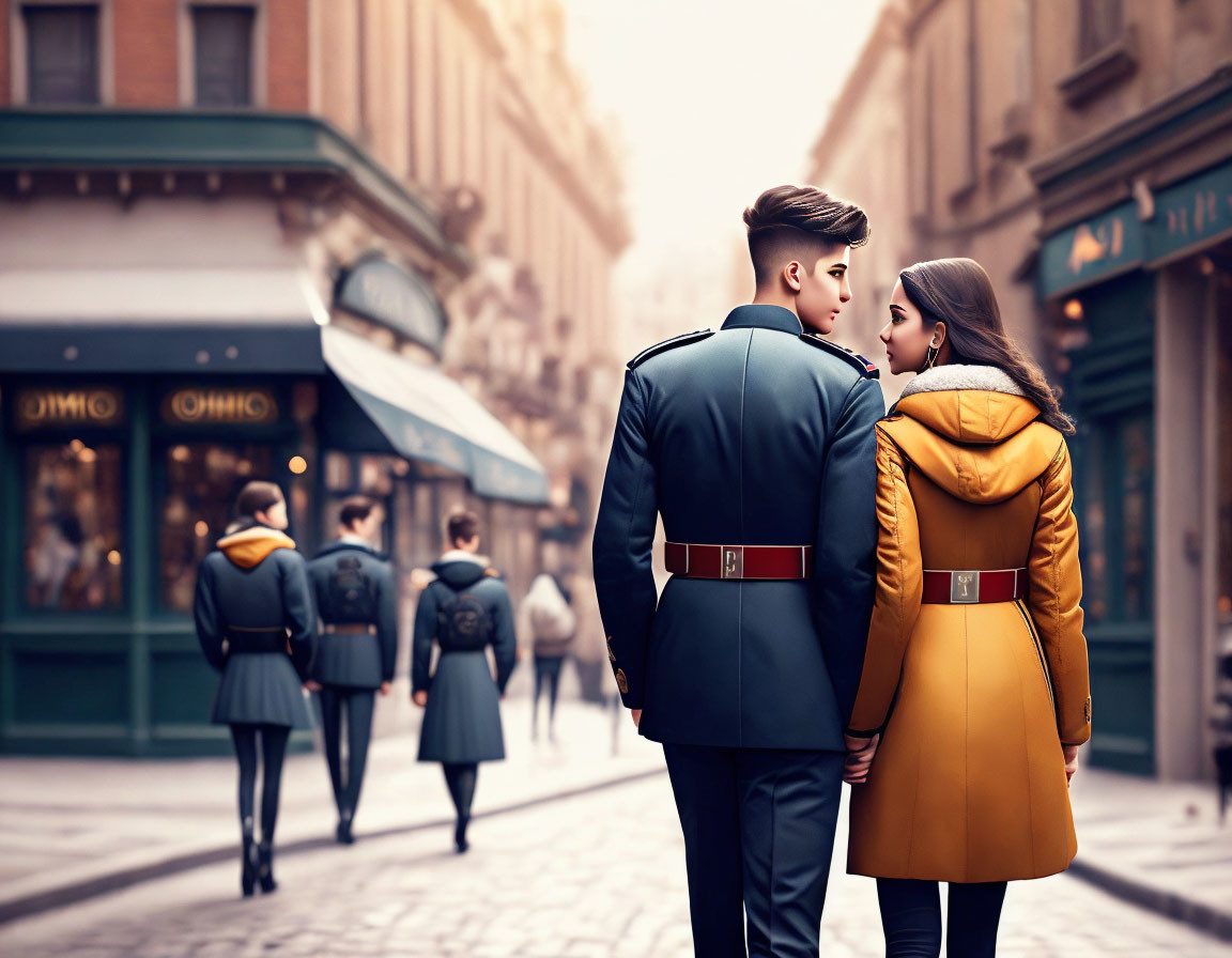 Fashionable couple in suit and yellow coat walking city street hand in hand