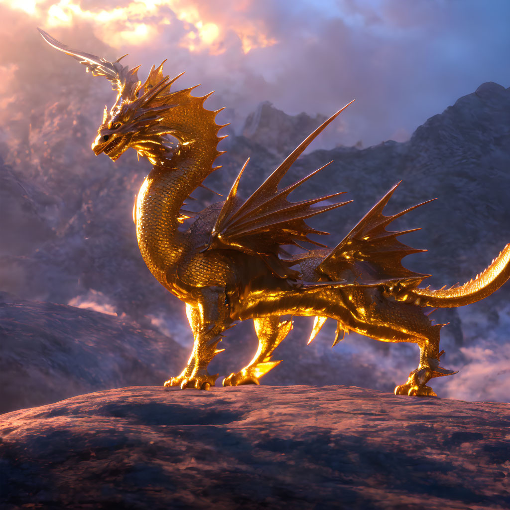 Majestic gold dragon on rocky peak under fiery sky