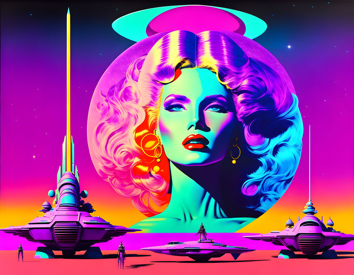 Colorful retro-futuristic space-themed artwork with stylized woman's face and neon colors