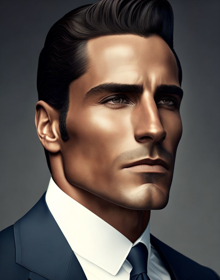 Detailed illustration of man with pronounced cheekbones and chiseled jawline in suit and tie.