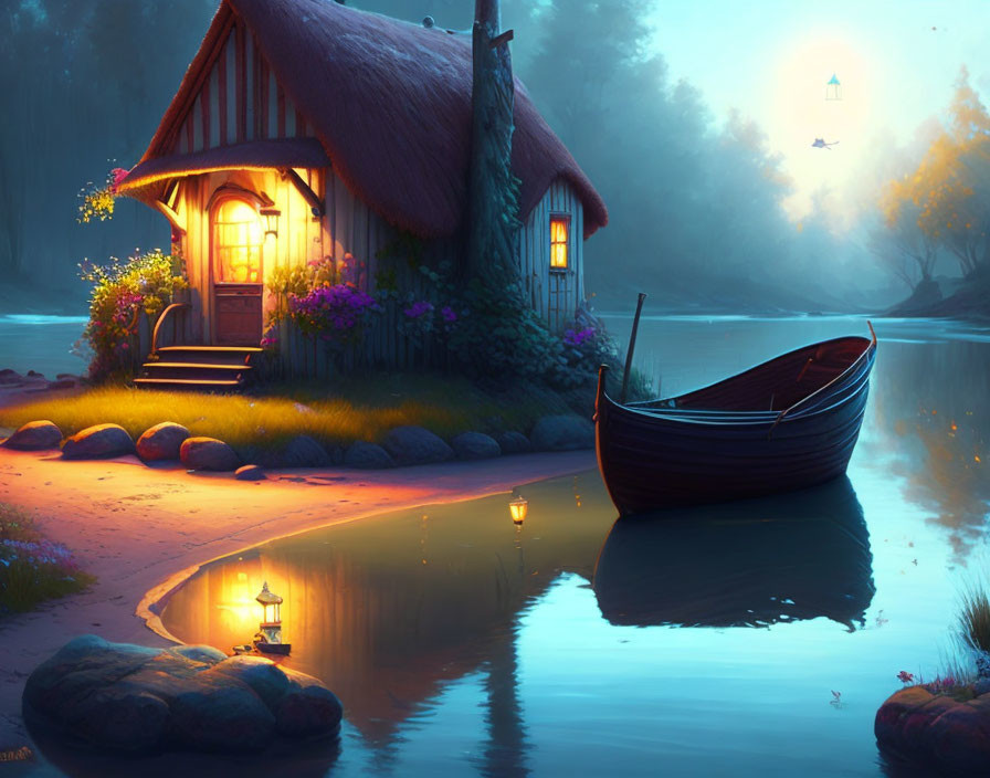 Riverside cottage at dusk with glowing lights and floating lanterns