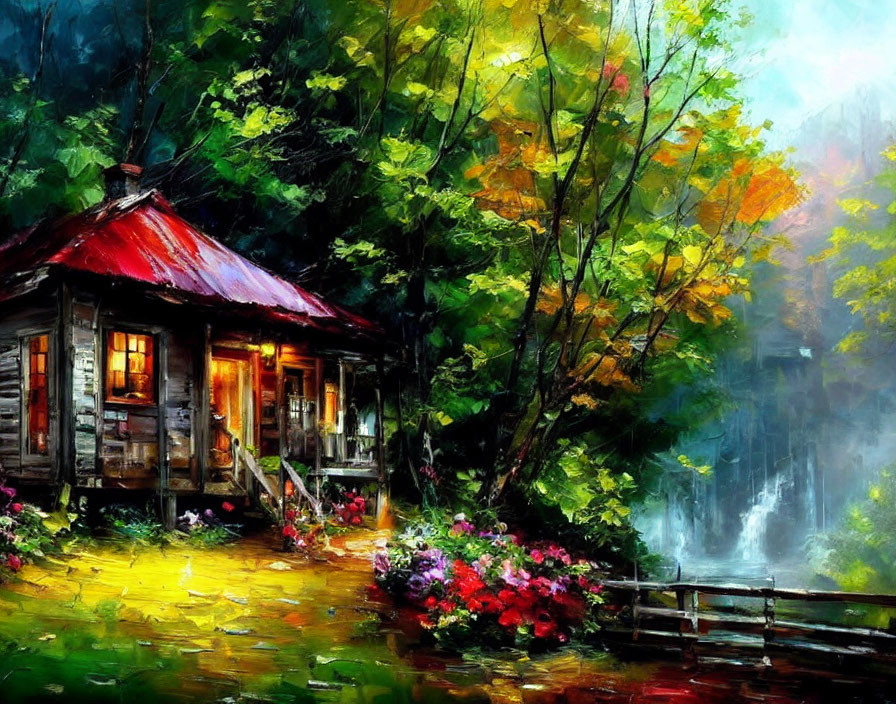 Colorful painting of woodland cottage with red roof and misty waterfall