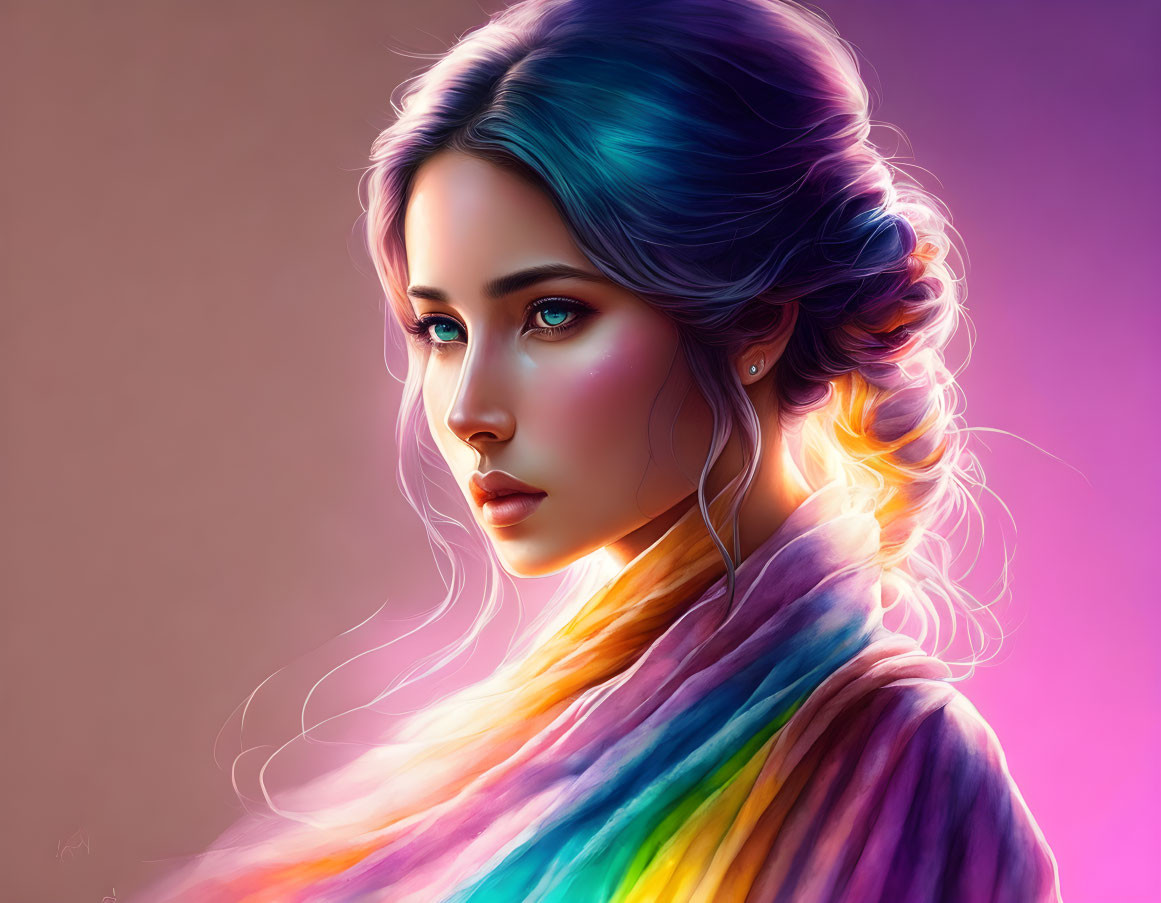 Digital artwork: Woman with blue eyes & multicolored hair on purple background