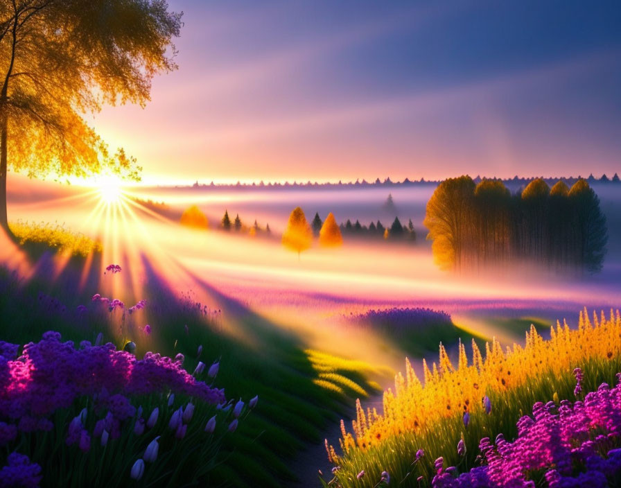 Scenic sunrise over misty flower meadow with purple and yellow flora