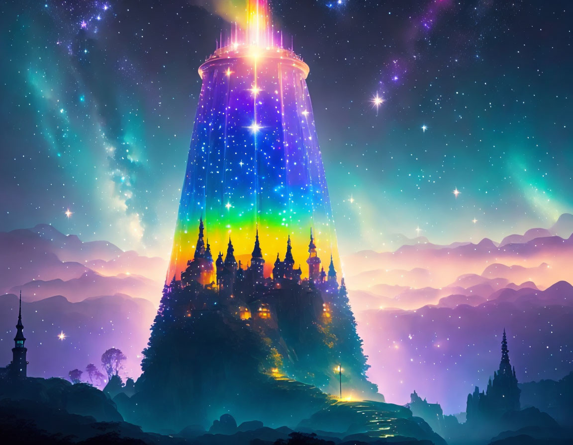 Fantasy landscape with glowing rainbow beam on castle, starry skies, misty mountains