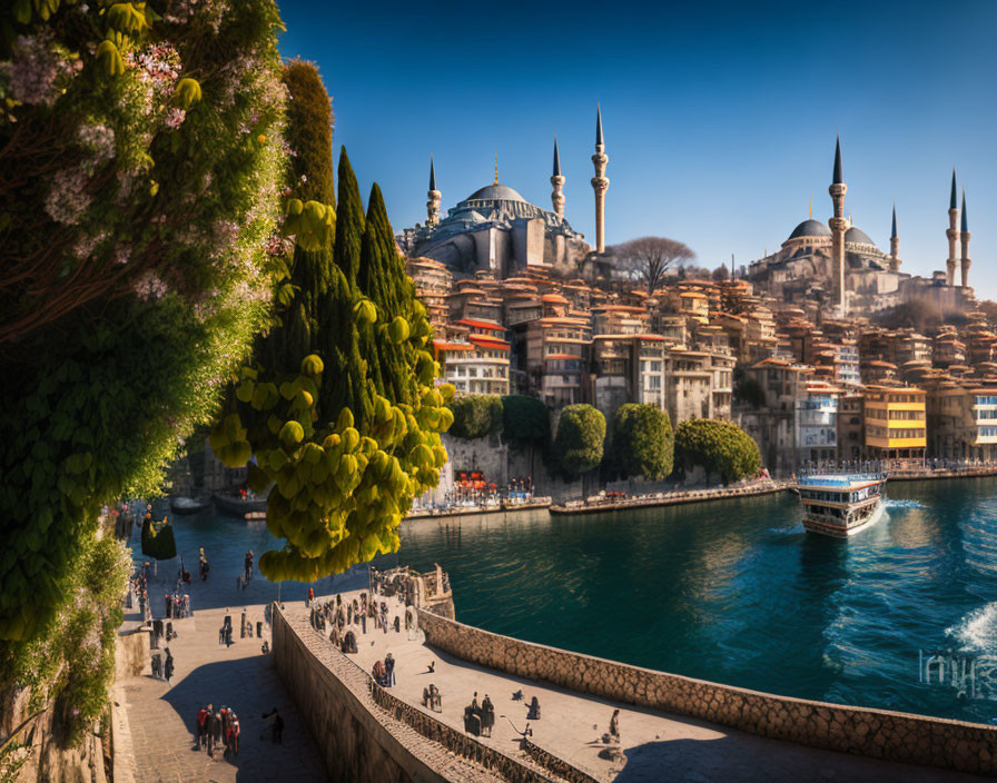 Scenic Istanbul skyline with Blue Mosque, waterfront, and Bosphorus boat