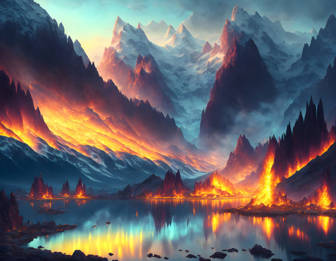 Ethereal landscape with fiery skies, serene lake, snow-capped mountains