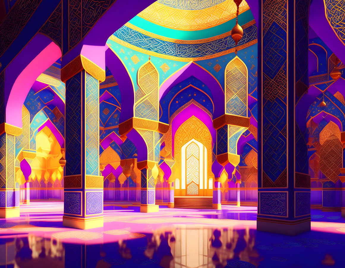 Detailed Islamic-style palace interior with vibrant colors and intricate designs