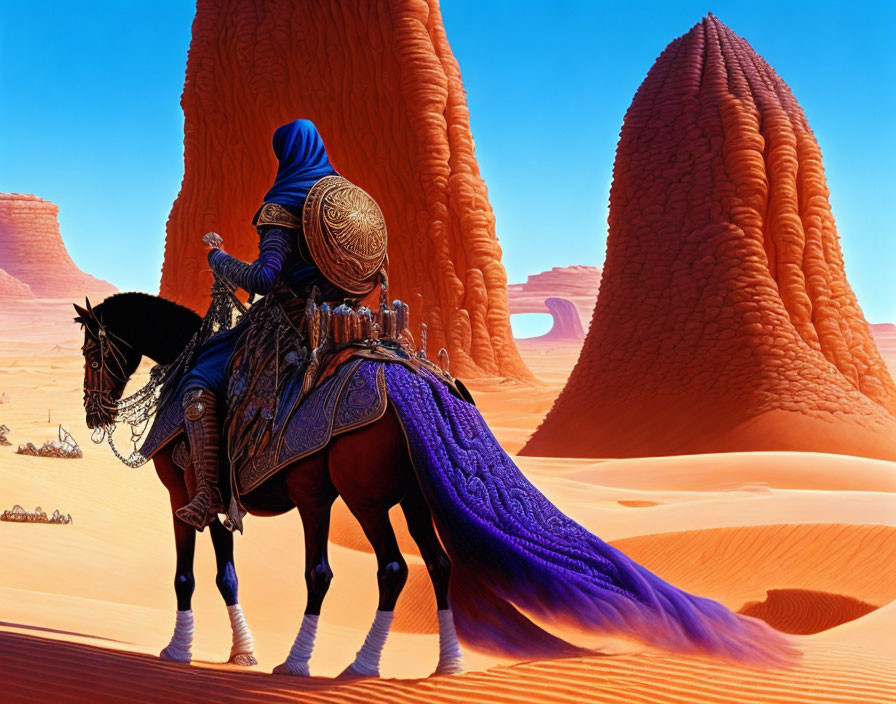 Traditional Blue-Attired Rider on Black Horse in Desert Landscape