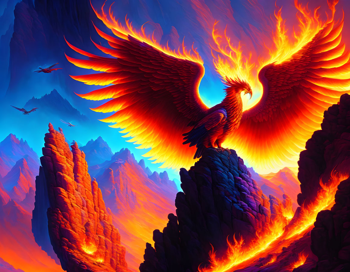 Majestic phoenix perched on mountain under blue and orange sky