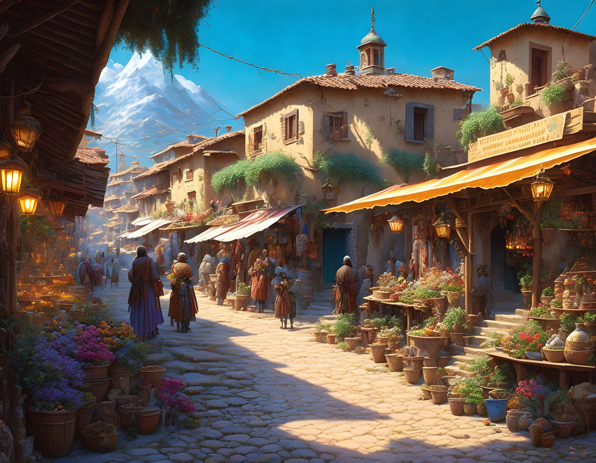 Vibrant market street in quaint village with colorful stalls and mountain view