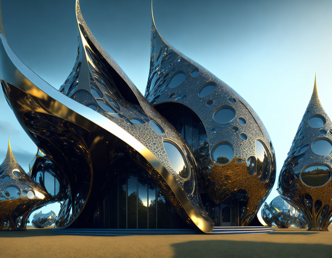 Futuristic building with fluid, organic shapes and metallic surface against twilight sky