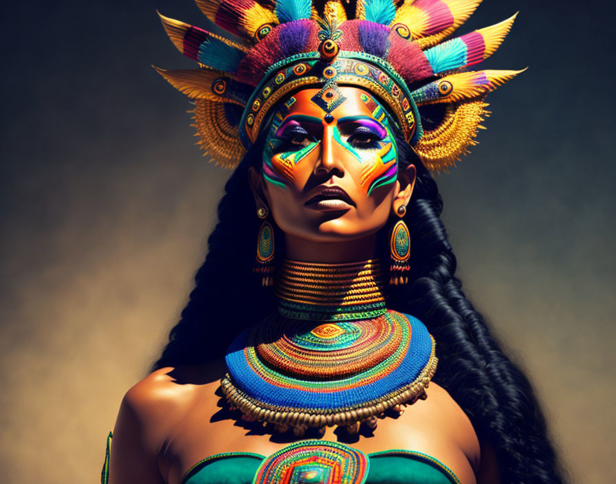 Colorful Aztec-inspired headdress and makeup on person with intricate jewelry against brown background