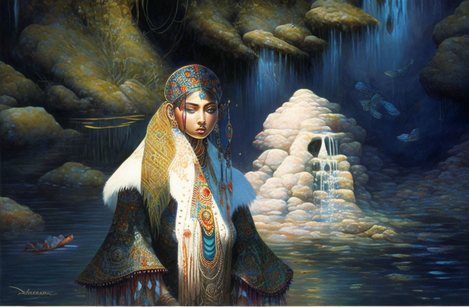 Traditional woman in ornate headdress by serene waterfall with blue fish.