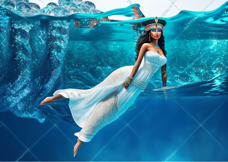 Woman in tribal headdress floats underwater in white gown amid surreal wave environment