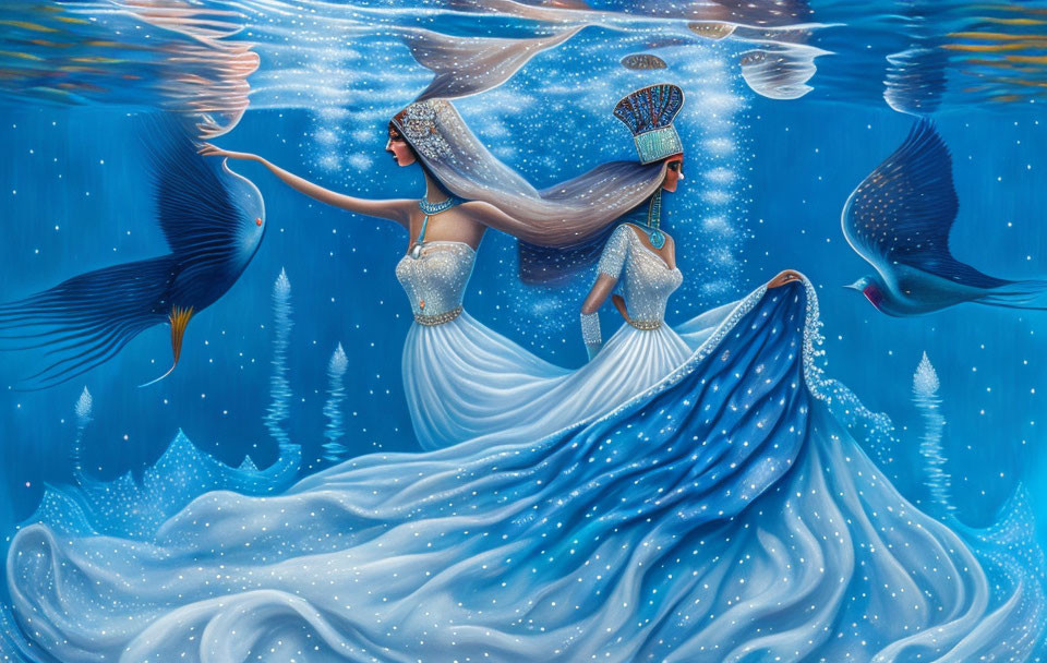 Surreal illustration of women in flowing gowns with betta fish