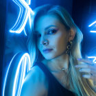 Portrait of woman with flowing hair against cosmic night-sky backdrop