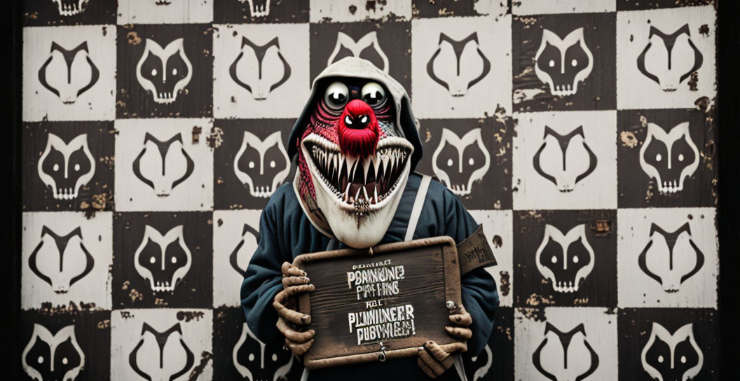 Clown Mask Person Holding Sign with Monochromatic Demon Background