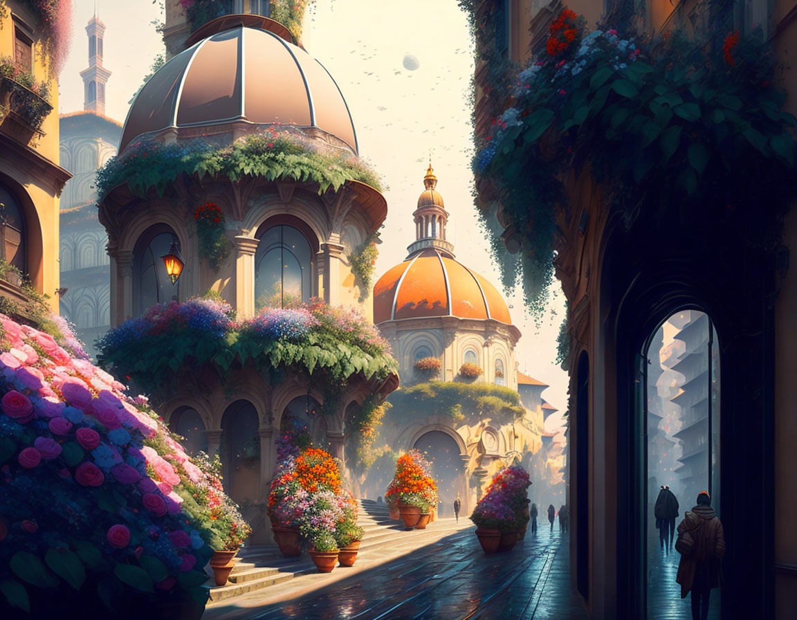 Sunlit Cityscape with Domed Buildings and Lush Florals