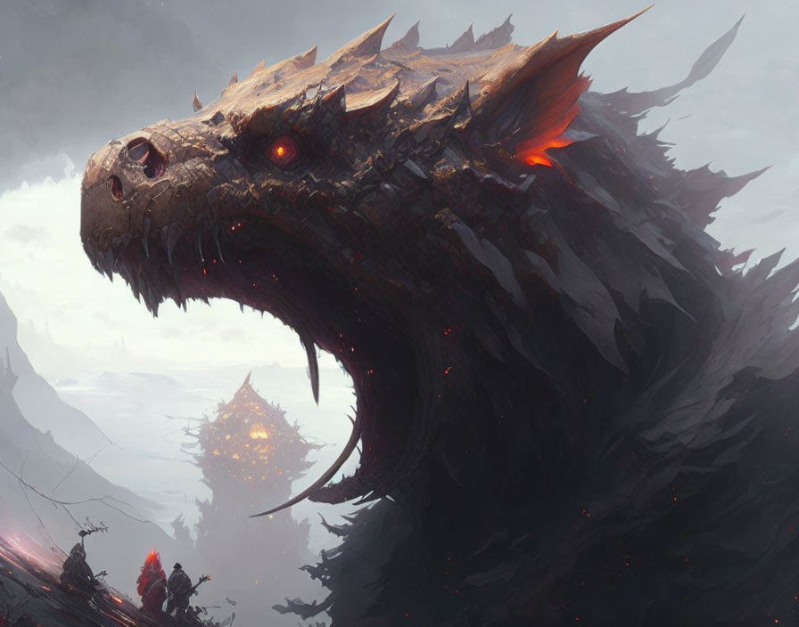 Giant dragon with red eyes and armored figures in misty mountains