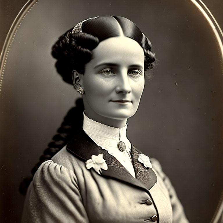 Woman with Braided Hairstyle in Vintage Dress with Floral Details