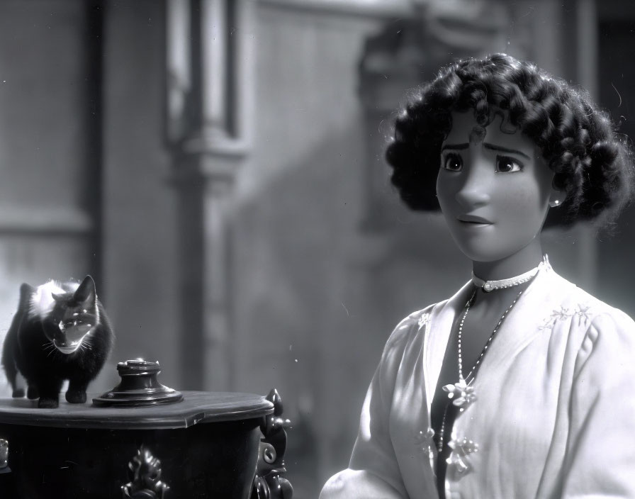 Monochrome image of curly-haired female character with cat on vintage furniture