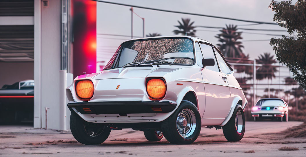 Classic White Car with Unique Headlights and Chrome Bumpers in Outdoor Setting