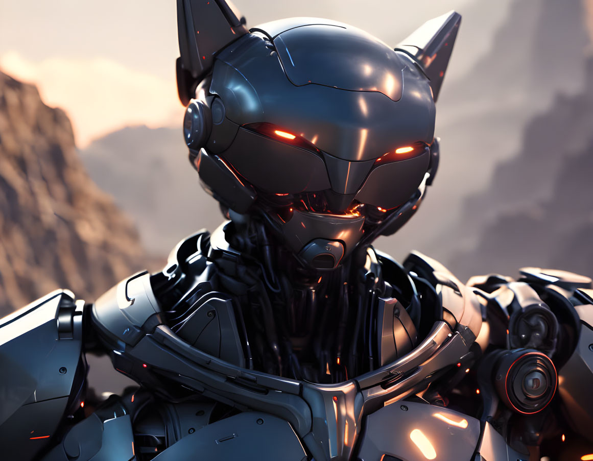 Detailed Robot with Metallic Wolf Head in Sunset Landscape