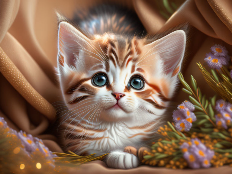 Adorable kitten with blue eyes in fabric folds and purple flowers