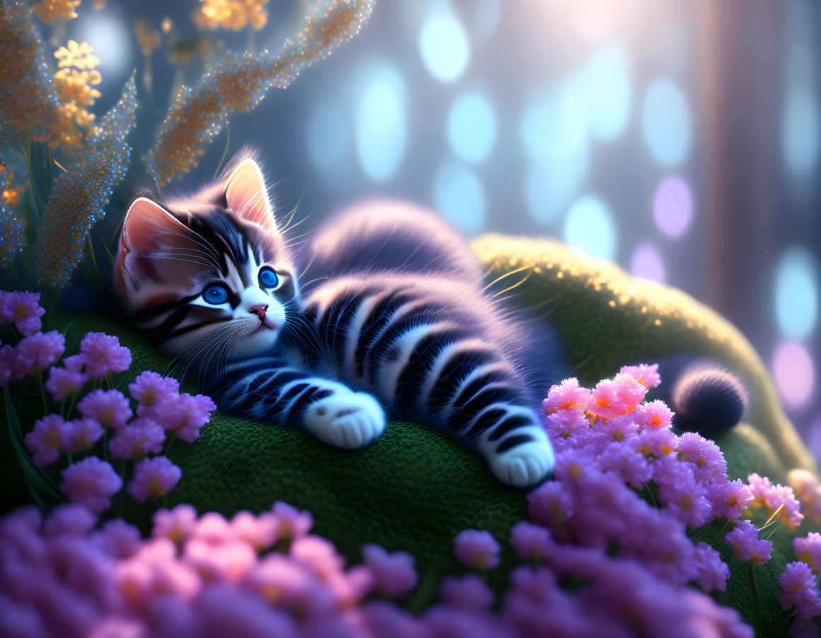 Striped kitten in purple flowers under blue forest sunlight