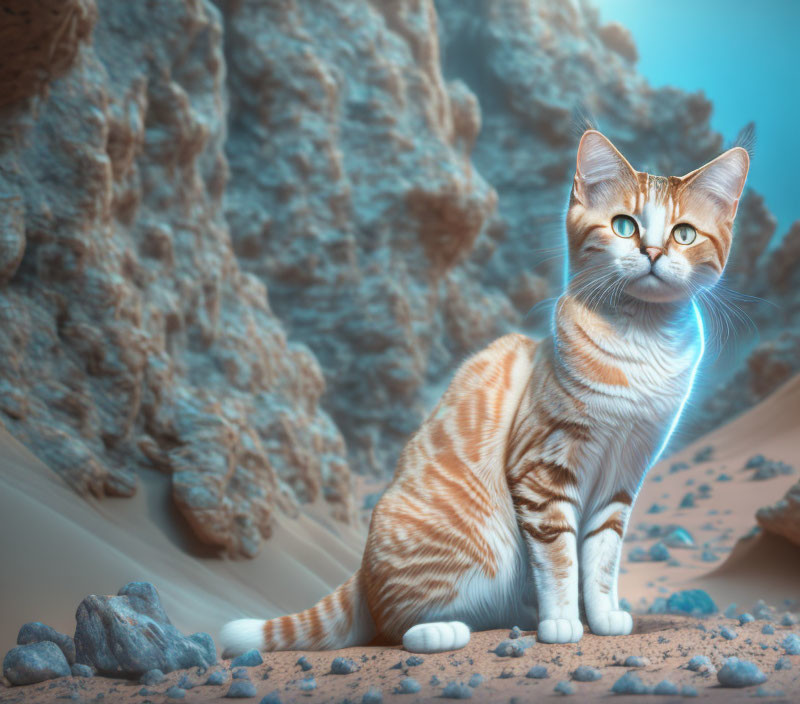 Orange Tabby Cat with Blue Eyes on Sandy Surface Surrounded by Rocks