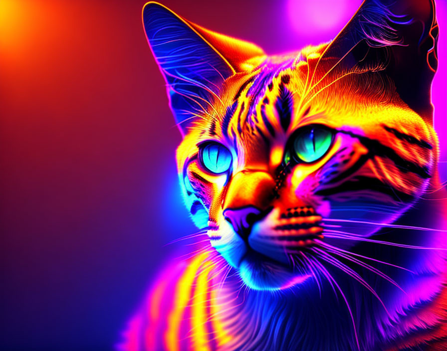 Colorful Cat with Neon Blue, Orange Fur, and Green Eyes