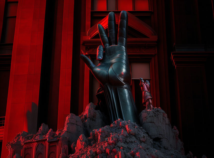 Enormous robotic hand in rocky terrain with human figure under red light