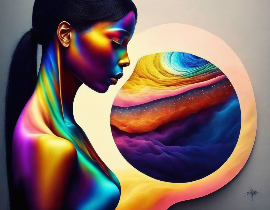 Colorful digital artwork of woman with cosmic paint on skin against galaxy background