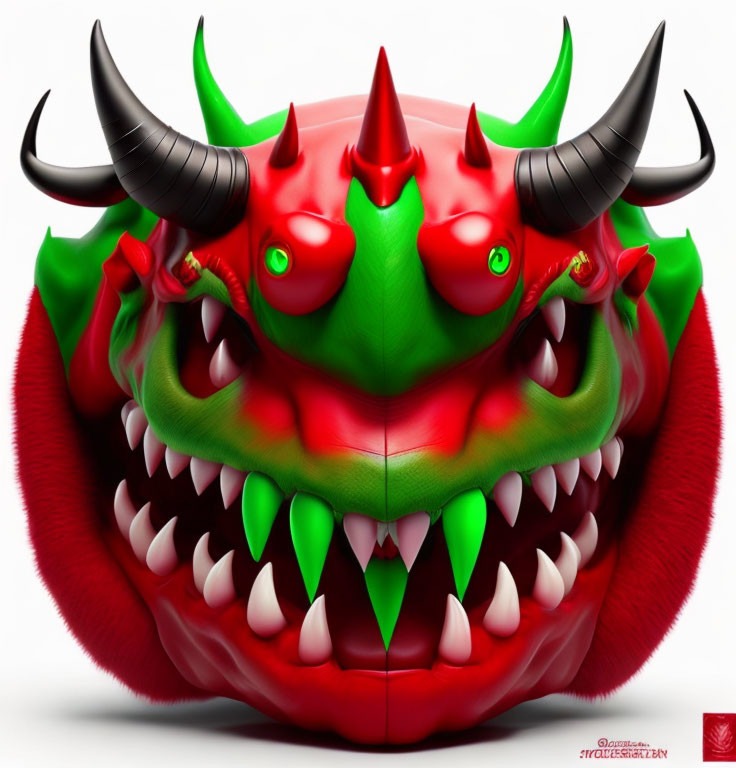 Colorful cartoon monster with sharp horns and menacing teeth