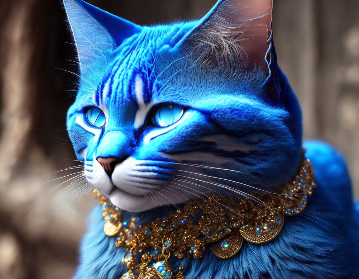 Digitally altered image: Cat with vibrant blue fur and gold necklace