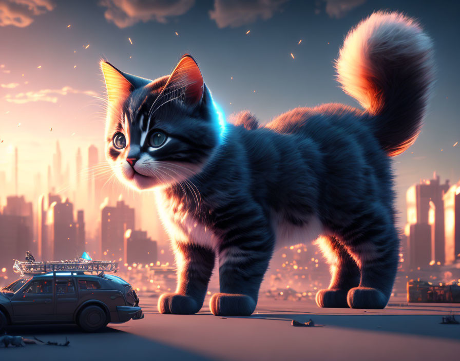 Giant Cartoon Kitten Over Police Car in Futuristic Cityscape