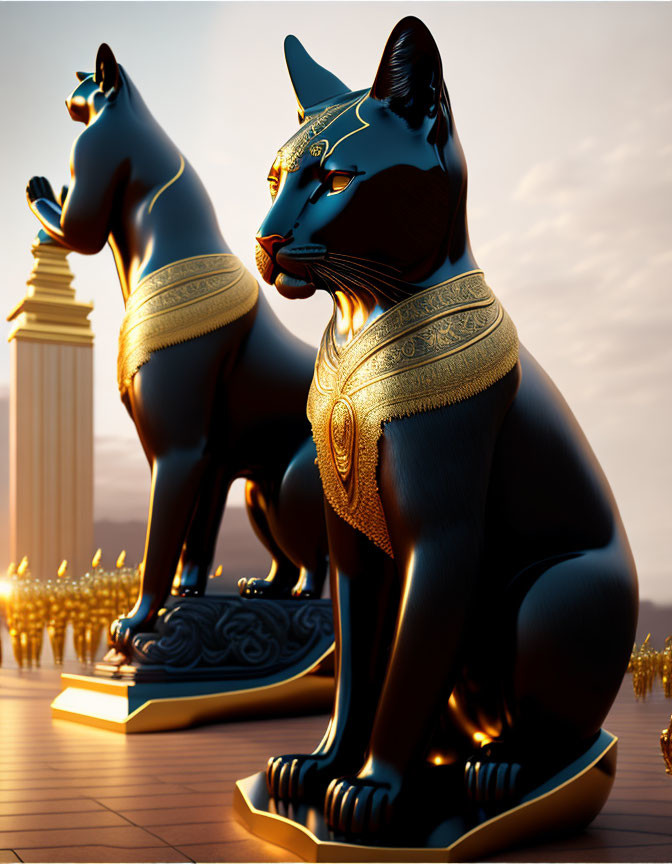 Ornate Black Egyptian Cat Statues with Gold Detailing and Candles at Sunset