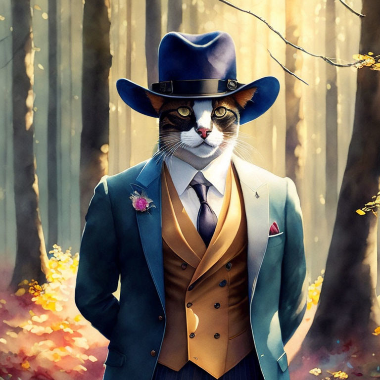 Anthropomorphic cat in elegant suit and hat in sunlit autumn forest