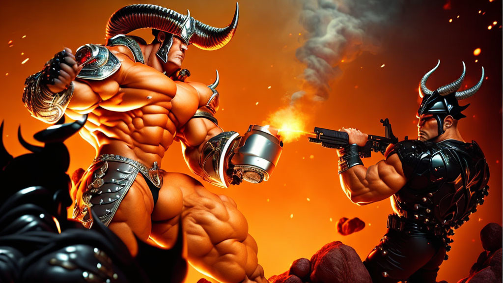 Muscular animated characters in warrior costumes face off with large gun in fiery backdrop