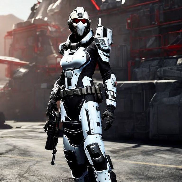 Futuristic robotic figure in white and black armor with rifle and industrial machinery.