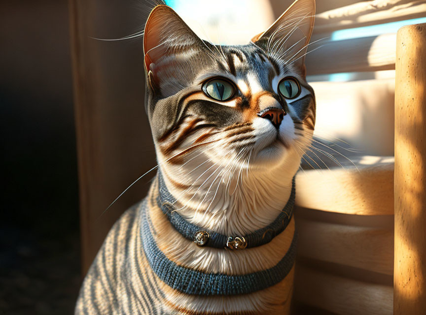 Tabby cat with blue eyes and collar sitting in sunlight by wooden chair