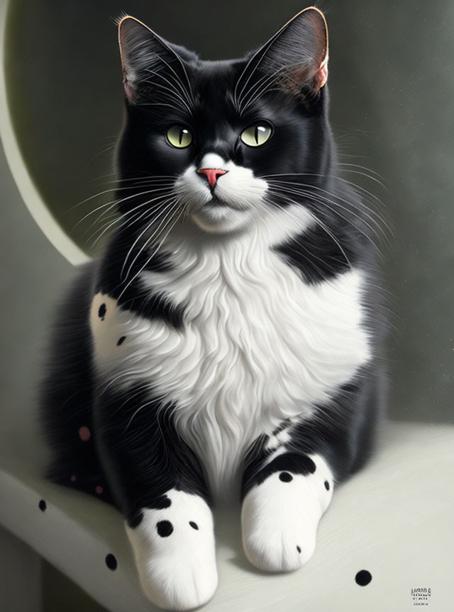 Fluffy black and white cat with green eyes and unique markings sitting on white surface