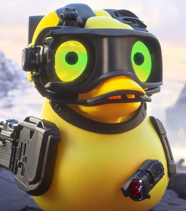 Yellow Duck-Like Character in Black Helmet with Futuristic Gadgets