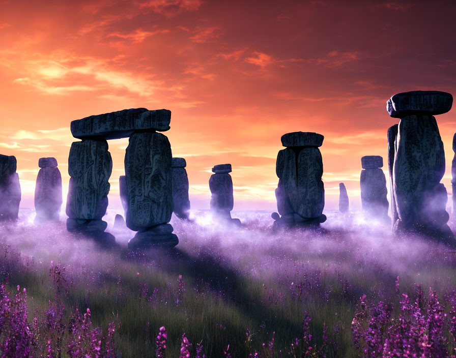 Ancient Stonehenge at Sunset with Purple Sky and Misty Field