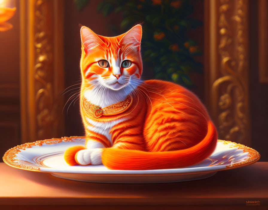 Regal orange and white cat on gold-rimmed plate in luxurious room