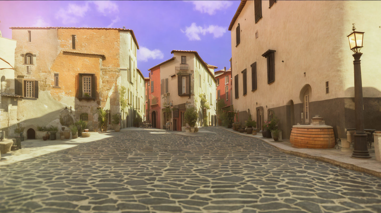 Traditional European-style buildings on cobblestone street under warm sunlight